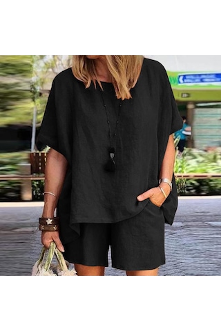 Zanzea Kadın Rahat Pamuk Kıyafetler Yaz Yarım Kollu T-shirt Ve Şort Iki Parçalı Takım Elbise Set Siyah