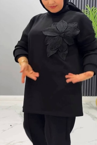 Vioshine Vıoshıne Kadın Çiçek Motifli Modal Kumaş İkili Takım Siyah