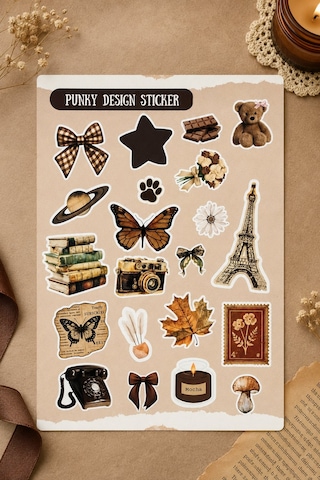 Kahverengi Sticker Seti Vintage Ayıcık Kitap Kahve Çiçek Estetik Etiket-4 Sayfa-90 Adet-kalın Kuşe K