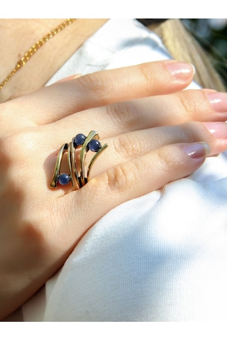 Doğal Taş 3'lü Apatit Doğal Taşlı Ayarlanabilir Kadın Yüzük Euy66ap Mavi