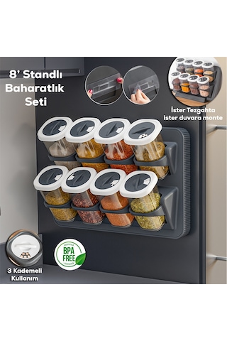 Porsima 1122 360 Döner Kapaklı Etiketli Baharatlık Seti Antrasit - Beyaz