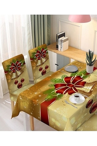 Flybuy Xıxun Streç Noel Sandalye Kılıfı, Altın Çan Baskılı, 140cm, Masa Örtüsü, Şenlikli Dekorasyon Altın