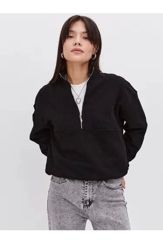 Etiler Collection Oversize Yarım Farmuarlı Yakalı Basic Sweatshirt - Siyah