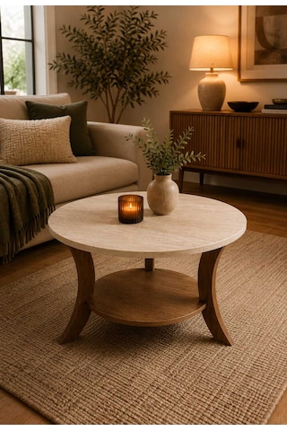 Orta Sehpa Traverten Desen Ceviz 75 Cm Çap - Mdf Ayak 46 Cm Yükseklik Modern Orta Sehpa Ceviz Traverten Traverten - Ceviz