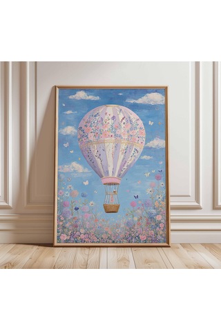 Hayalperest Çiçekli Sıcak Hava Balonu Sanat Baskısı Pastel Kır Evi Tarzı Maksimalist Çocuk Odası Duvar Dekoru