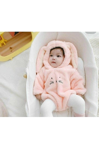 Aden Kids Welsoft Peluş Unisex Kışlık Bebek Çıtçıtlı Badi Pembe