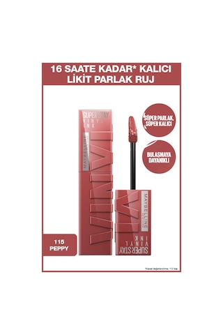 Maybelline New York Super Stay Vinyl Ink Uzun Süre Kalıcı Likit Parlak Ruj 115 Peppy + Mini Sky High Cosmic Black Maskara