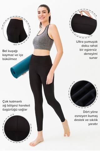 Los Ojos Kadın Siyah Yüksek Belli Çift Cepli Toparlayıcı Spor Tayt Parlak Siyah