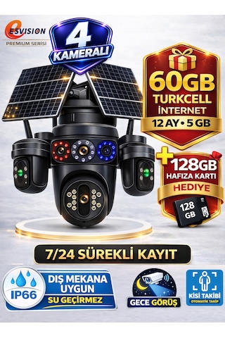 Esvision 7020 128gb 4 Kameralı 4g Çift Solar Panel 16x Zoom Dual Batarya Hieasy Aov Sürekli Kayıt Gece Görüş Çift Yönlü Ses Akıllı Kamera 1 Yıl İnternet