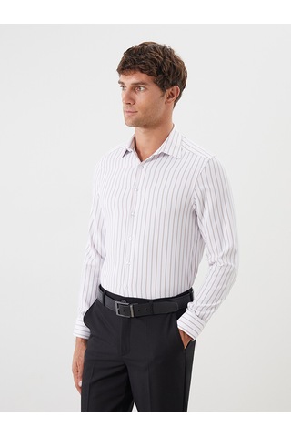Lcw Busıness Bej Slim Fit Uzun Kollu Çizgili Armürlü Erkek Gömlek