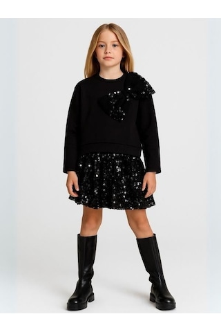 Kız Çocuk Dalgıç Kumaş Pullu Sweatshirt-16128 Siyah