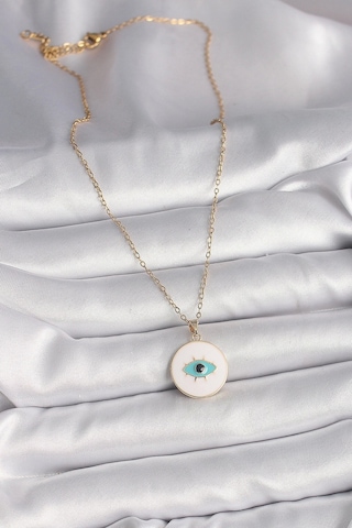 316l Çelik Gold Renk Zincir Beyaz Mineli Turkuaz Göz İşleme Model Kadın Kolye Çok Renkli