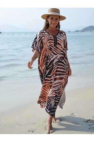 Büyük Beden Zebra Desenli Yandan Bölmeli V Yaka Bol Kesim Plaj Elbisesi Çok Renkli