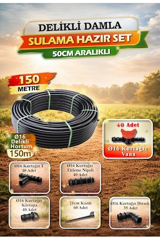 Hazır Delikli Damla Sulama Seti 150m 16mm 50cm Aralıklı, Damlatıcı Bağlantı Parçaları Dahil, Bahçe Tarla