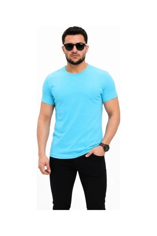Defymoda Erkek Basic Tişört Bisiklet Yaka Kısa Kol Günlük Yazlık Slim Fit T-shirt - Açık Mavi