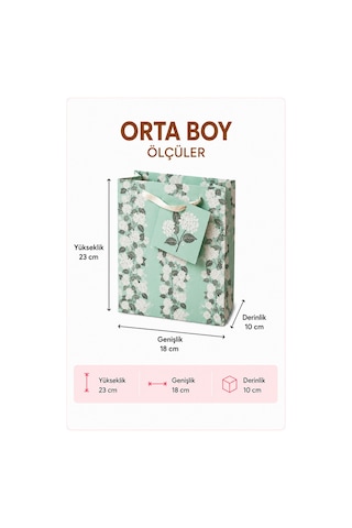 50 Adet 23 X 18 X 10 Cm - Mint Çiçek Desenli Orta Boy Karton Hediye Çantası 3+