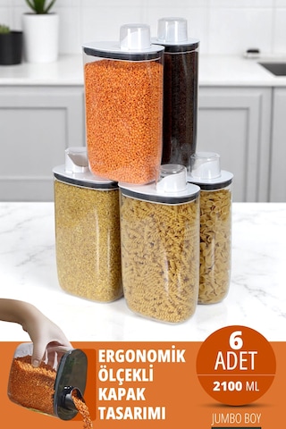İronika 6'lı Silikon Kapaklı Ölçülü Saklama Erzak Bakliyat Kabı Kutusu Seti 2100 Ml Şeffaf