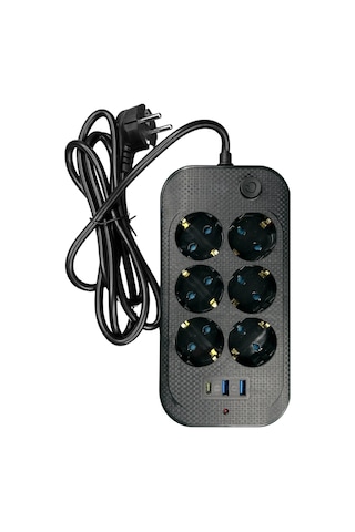 Exenar - Siyah - Yüksek Akım Korumalı 6 Lı Grup Priz Kablolu 2m Priz 2 Usb-a 1 Type-c Girişli Fiş 2 Metre Kablolu 2 M