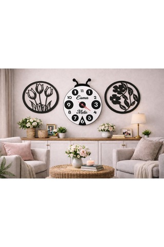 Duvar Saati 40 Cm Çiçekler 30 Cm Canım Ailem Temalı No52 Çok Renkli