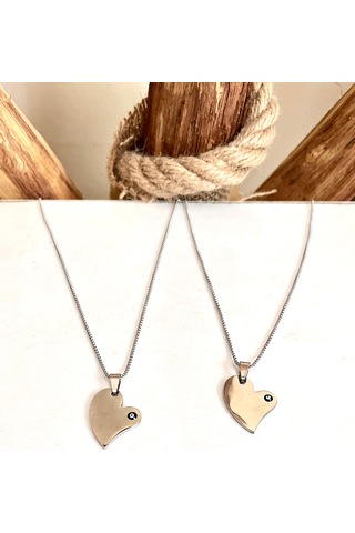 Gns Aksesuar Aşk Temalı Kalp Ve Nazarlık Detaylı Sevgili Çelik Kolye Seti Gümüş