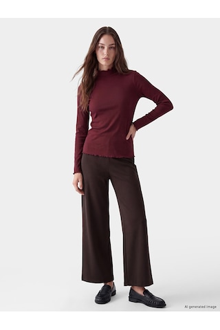 Lcw Modest Bordo Dik Yaka Kadın Fitilli Body