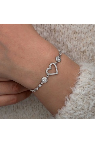 Artsmagazinmücevher Gümüş Zirkon Taşlı Kalpli Kadın Bileklik