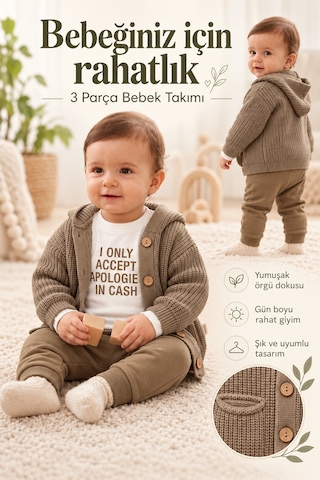Ahengim Erkek Bebek 3 Parça Kapüşonlu Örgü Hırka Tişört Ve Pantolon Takım Ak50749 Kahverengi
