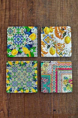 Doğal Taş Bardak Altlığı 4'lü Set - Limon Ağacı Desenli Taş Bardak Altı - Stone Coasters Çok Renkli