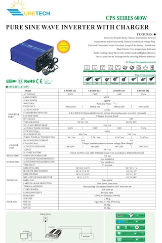 Uretech 600 Watt Tam Sinüs Akü Şarjlı UPS İnverter 12Vdc-220 Vac 600W İnvertör