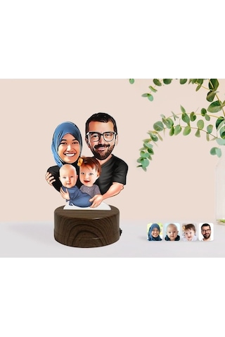 Kişiye Özel Tesettürlü Aile Karikatürlü Dekoratif 3D Biblo Led Iş (483006824)