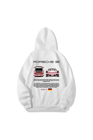 Brz Collection Unisex Oversize Porsche 911 Hoodie Beyaz Beyaz