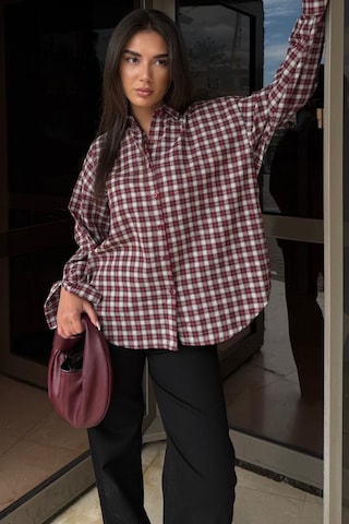 Madmext Kırmızı Oversize Kareli Kadın Gömlek Mg2822