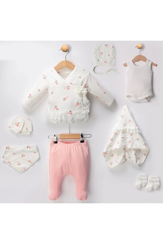 Çiçek Desenli Dantel İşlemeli %100 Pamuk Kız Bebek 8'li Hastane Çıkışı Beyaz