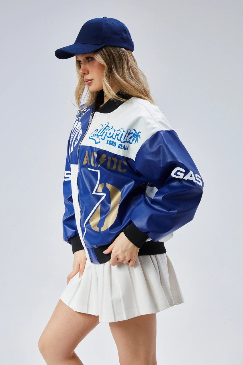 Kadın Oversize Baskılı Deri Motorcu Montu Fermuarlı Yarışçı Ceket Astarlı Bomber Kolej Mont Mavi