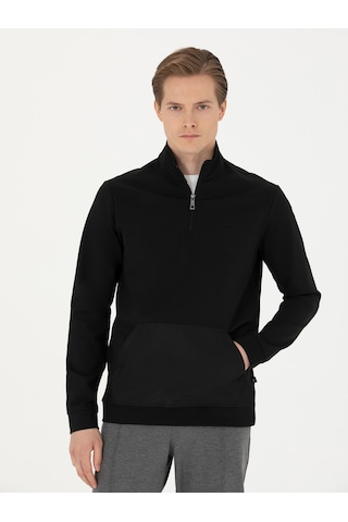 Siyah Regular Fit Yarım Fermuarlı Cepli Sweatshirt