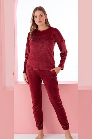 Farya Home Luxury Velvet Fransız Kadife Yazı Detaylı Pijama Takımı Bordo