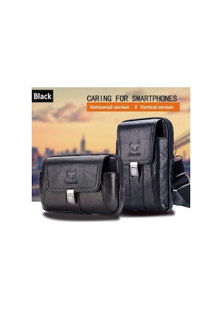 Bull Captaın Çok Fonksiyonlu Deri Cep Telefonu Erkekler İçin Küçük Bel Çantası Siyah