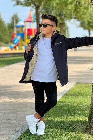 Erkek Çocuk Sabit Kapüşonlu Metal Armalı İçi Kürklü Mont Km3987 Siyah