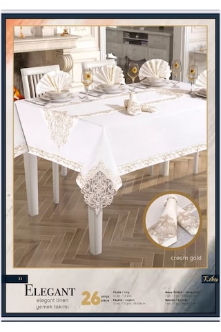 Elegant Linen Yemek Takımı Masa Seti 12 Kişilik 26 Parça160 260 Cm Runner Set Krem-gold Çok Renkli