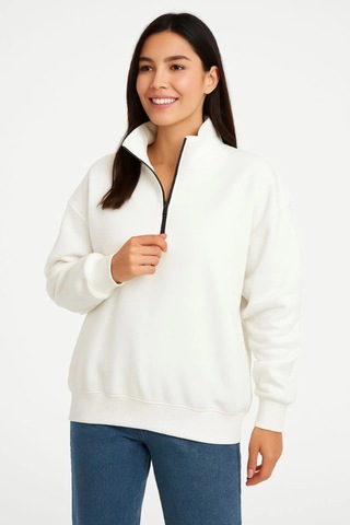 Valensdesign Üç İplik Dık Yaka Yarım Fermuarlı Sweatshirt - Beyaz