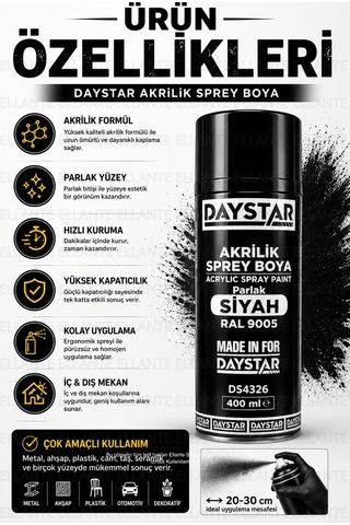 Parlak Siyah Akrilik Sprey Boya Ral 9005 400 Ml Hızlı Kuruyan Yüksek Kapatıcılı Metal Ahşap Plastik Çok Renkli
