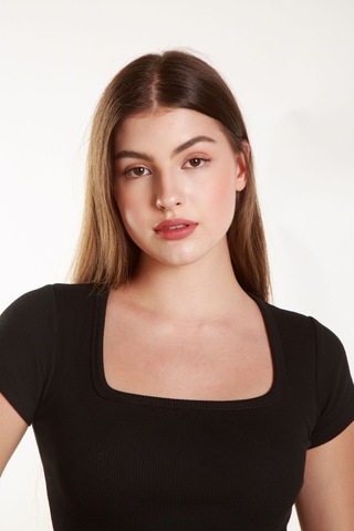 Mea Capio Kadın Fitilli Crop Kare Yaka Fitilli Kısa Kollu T-shirt Atlet Siyah
