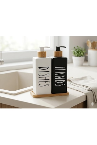 Premium Mat Siyah & Beyaz Mutfak Sabunluk Seti - Bambu Tepsili 2x450ml Bulaşık Deterjanı Ve Sıvı Sabun Pompası Hands & Dishes Beyaz,siyah