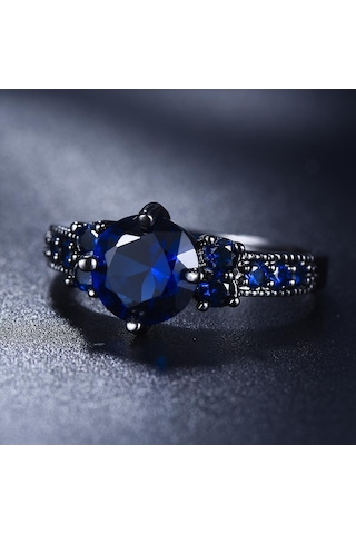 Vintage Mavi Yuvarlak Kristal Siyah Altın Renk Yüzük Alyanslar Kadınlar Için Aşk Promise Nişan Takı 5 Çok Renkli