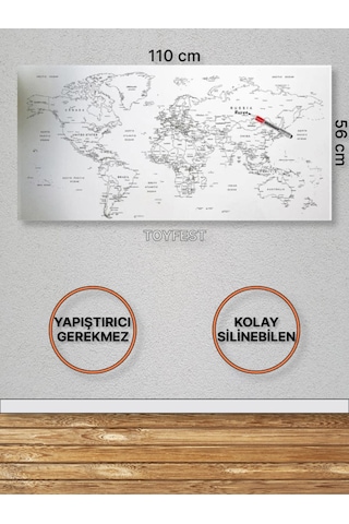 Duvara Kendiliğinden Manyetik Yapışan Yazılıp Silinebilen Dünya Haritası 110 X 56 Cm Şeffaf
