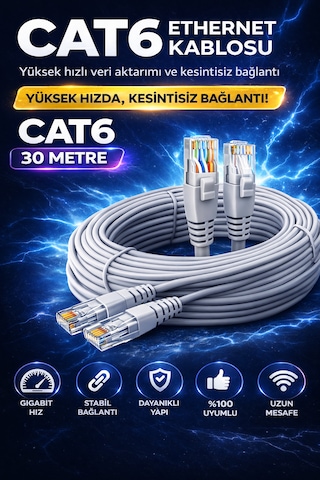 Cat6 Ethernet Kablosu 30m Gigabit Lan Kablosu Yüksek Hızlı İnternet Kablosu 30 Mt