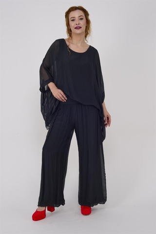 Bohem Stil İtalyan Yarasa Kol İpek Bluz & Pantolon Takım-8767 Antrasit