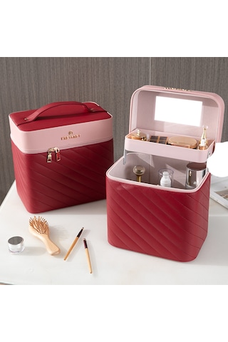 Hfambition Kırmızı Pu Materyal Çok Fonksiyonlu Büyük Kapasiteli Makyaj Çantası - Seyahat Ve Günlük Kullanıma Uygun, Ayna Ve Fırça Bölmeli