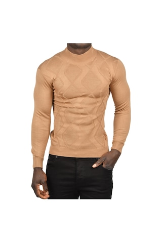 Deepsea Erkek Camel Deepsea Baklava Desenli Slim Fit Yarım Balıkçı Yaka Triko Boğazlı Kazak 2505511 Camel