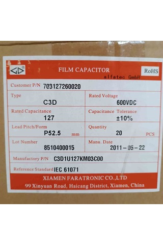 C3d1u127km03c00 120mf 600v 52.5mm Polyester